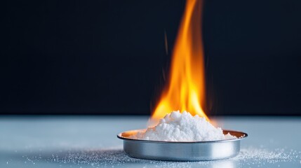Combustion Reaction of Baking Powder and Sugar in Laboratory Setting with Flame Emanating from Crucible on White Surface