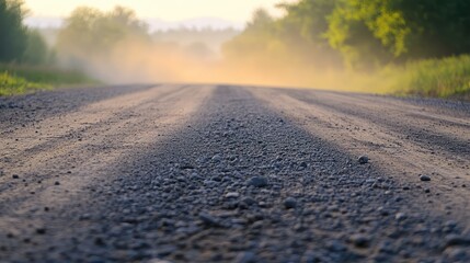 Fototapeta premium Dusty Dirt Road Transitioning from Asphalt at Dawn with Soft Morning Fog and Green Surrounding Trees in a Rural Landscape