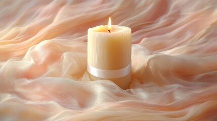Lit Candle Rests on Peach Colored Fabric Drapes