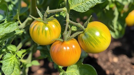 Vibrant ripe tomatoes hanging on the vine illuminated by warm sunlight in a lush garden setting
