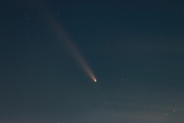 Clear night sky showcasing a bright comet with a visible tail among scattered stars.