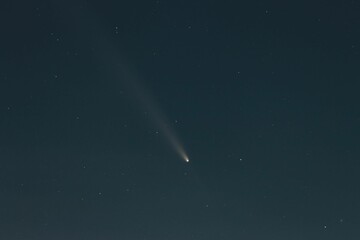 Clear night sky showcasing a bright comet with a visible tail among scattered stars.
