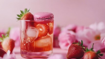 Strawberry macaron cocktail with fresh strawberries in a glass for a refreshing summer celebration drink