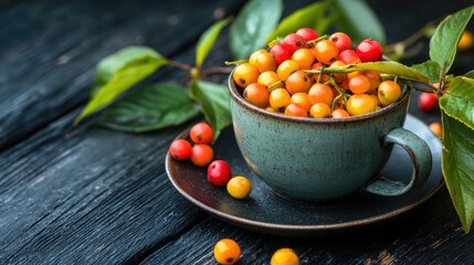 Naklejka premium Ripe honeysuckle berries in a teal cup on a rustic black wooden table Fresh healthy eating and nutrition concept for lifestyle imagery