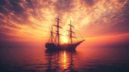 Obraz premium Silhouette of a sailing ship at sunset on the ocean.