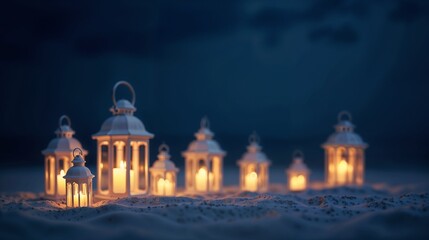 Obraz premium Soft glow of lanterns illuminating a serene evening on a sandy beach