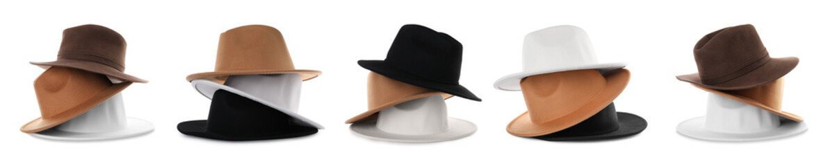 Stylish hats in different colors isolated on white, set. Fashionable accessory