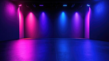 The dark stage shows, empty dark blue, purple, pink background