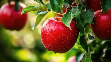 Obraz premium Vibrant Red Apples Hanging on Lush Green Trees in a Serene Orchard Setting