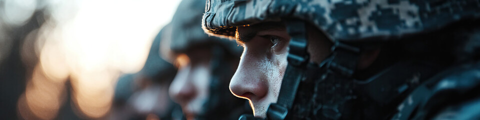 Close-up of Soldier in Camouflage Helmet with Two Out-of-Focus Soldiers in Background