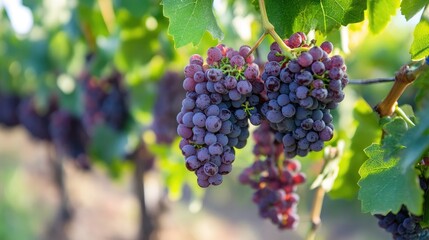 Ripe grape clusters hanging on vine in lush vineyard under sunlight showcasing agricultural beauty and harvest season.