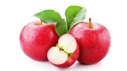 Fresh red apples with green leaves and droplets of water on a white background showcasing their natural freshness and vibrant color.