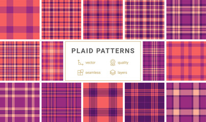 Twelve vibrant plaid patterns in coral and purple hues.  Seamless vector designs, ideal for textile prints, web backgrounds, and fashion projects.  Highquality layered files for easy customization.