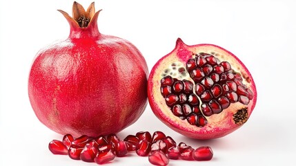 Ripe pomegranate with exposed seeds on a clean white background showcasing its vibrant red color and juicy interior.