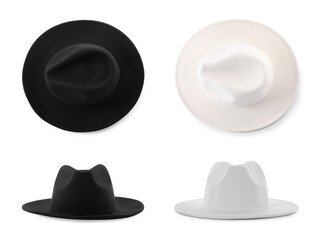 Stylish hats in different colors isolated on white, top and side views. Fashionable accessory