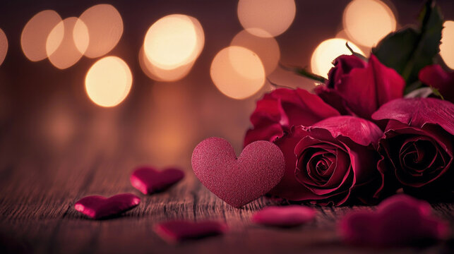 A large beautiful bouquet of red roses lies on a wooden table. Romantic design for Valentine's Day and other romantic events