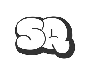 SQ logo, bubble comic lettering, rounded in graffiti style black and white silhouette. Trendy preschool S and Q letter text for festival party, personal initials, children funky print and web.