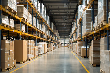 Wholesale warehouse of logistics production networks. Shelves with boxes in a large hangar or warehouse