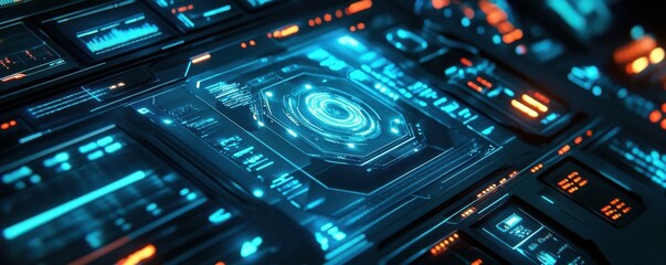 Obraz premium Abstract futuristic blue hologram interface with glowing data, tech theme.