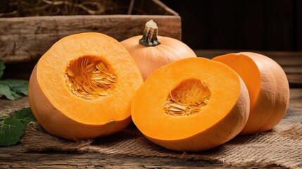 Freshly cut ripe orange pumpkins showcasing vibrant flesh and seeds on a rustic wooden table with a natural background setting.