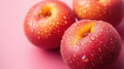 Ripe nectarines glistening with water droplets on a soft pink background showcasing vibrant colors and fresh natural textures.