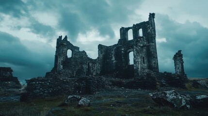 Obraz premium Ancient ruins under a dramatic cloudy sky showcasing historical architecture and rugged terrain in a moody landscape setting