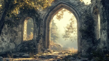 Fototapeta premium Majestic ruined archway of an ancient monastery surrounded by nature's beauty and enchanting light filtering through the trees.
