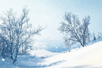 Snowy Winter Landscape with Bare Trees and Rolling Hills