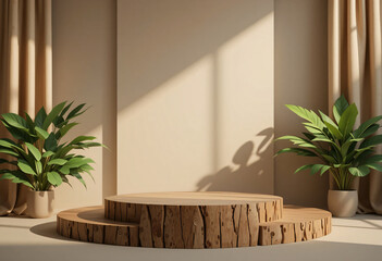 Big wood podium display in room, Beige backdrop with light and shadow, Nature wooden stand, Product presentation and demonstration