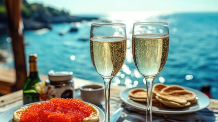 Summer celebration with chilled champagne bliny and red caviar overlooking a scenic seaside view perfect for festive gatherings