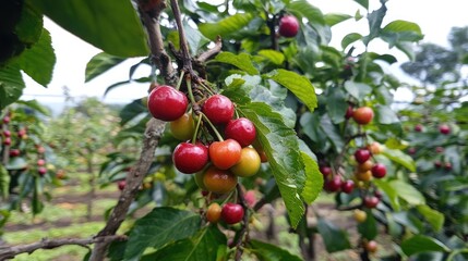 Obraz premium Ripe cherries on tree showcasing vibrant colors and fresh nutritious fruits ideal for healthy diets and culinary uses