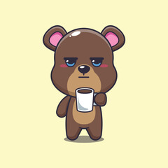 bear mascot cartoon character vector illustration is tired and sleepy holding coffee.
