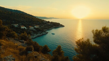 Golden Hour Serenity Over Coastal Landscape with Calm Waters and Sunset Glow