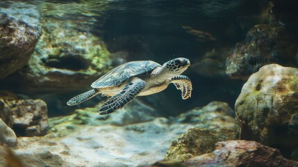 Obraz premium Sea turtle gracefully swimming underwater exploring its natural habitat among rocks and coral in a vibrant ocean environment.