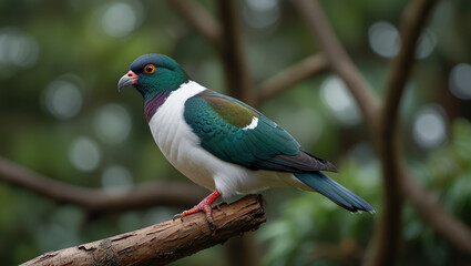 The kereru bird perches on a branch in the morning in its natural habitat