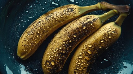 Freshly washed ripe bananas with water droplets perfect for nutritious breakfast options or healthy snacking choices.