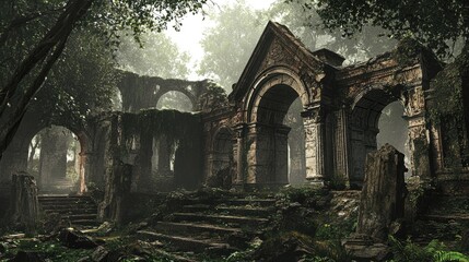 Naklejka premium Ancient ruins surrounded by dense greenery in a mysterious archaeological site evoking a sense of history and exploration.