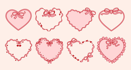 Set of ribbon heart frames decorated coquette pretty charming bows, hearts, stars, cherry, lace. Holiday trendy borders. Vintage elements for greeting cards, wedding, invitations, social media, party