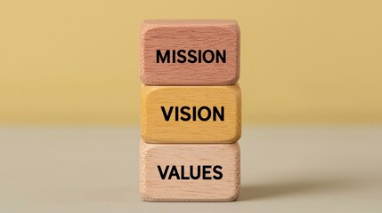 Stacked wooden blocks labeled mission vision and values symbolizing organizational goals
