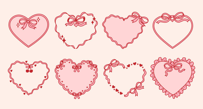 Set of ribbon heart frames decorated coquette pretty charming bows, hearts, stars, cherry, lace. Holiday trendy borders. Vintage elements for greeting cards, wedding, invitations, social media, party