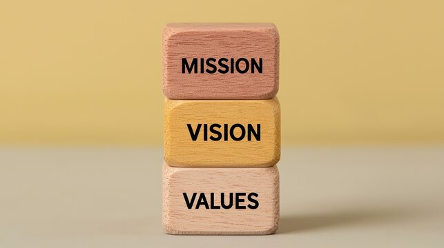 Stacked wooden blocks labeled mission vision and values symbolizing organizational goals