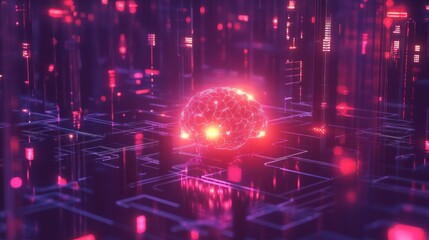 Glowing brain in futuristic digital network.