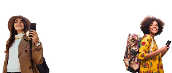 portrait of 2 young beautiful women on mobile; vacation trip; concept of ways to travel: city break, backpacking, exotic or historical urban tour destinies; tourist / banking app photo; copy space