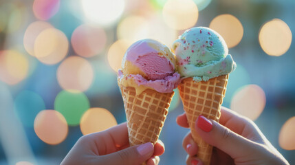 Two hands holding colorful ice cream cones with bokeh background