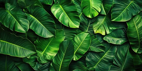 Lush green banana leaves densely layered with varying shades of green and subtle yellow veins creating a vibrant natural backdrop.