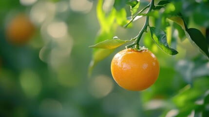 Vibrant ripe orange hanging from a tree branch surrounded by lush green foliage in a sunny orchard setting
