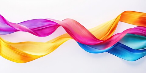 Fototapeta premium Colorful flowing ribbons in shades of pink, purple, yellow, and blue on a clean white background, creating a dynamic and vibrant composition.
