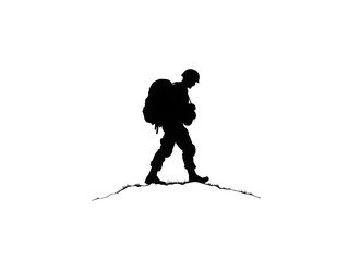 Fototapeta premium A minimalist silhouette of a soldier carrying a heavy pack, symbolizing the burden of war. Soldier with heavy pack.