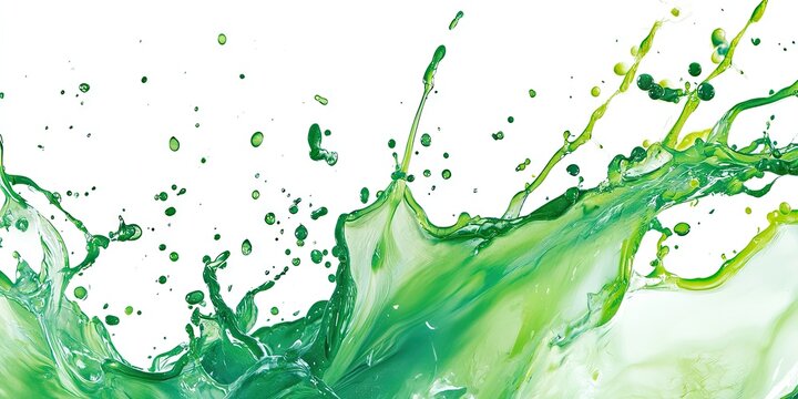 Vibrant green splashes and droplets in dynamic motion against a clean white background creating a striking visual contrast and elegance