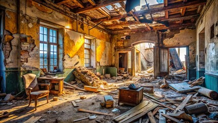 Desolate Interior: A Destroyed Building's Crumbling Structure, Copy Space Left